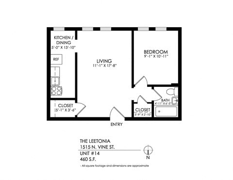 Floor plan for 1 bed, 1 bath, 435 sqft